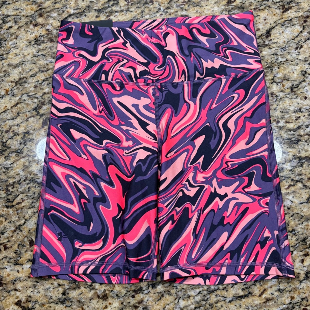 Under Armour Pink Purple Marble High Rise Compression Bike Shorts Womens M ws